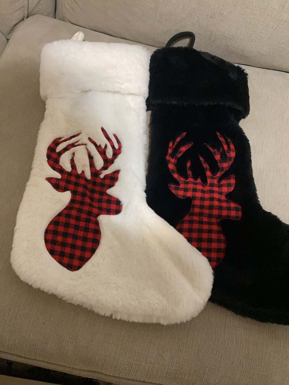 Set of 2 Faux Fur Christmas Stockings with Buffalo Plaid Deer Applique